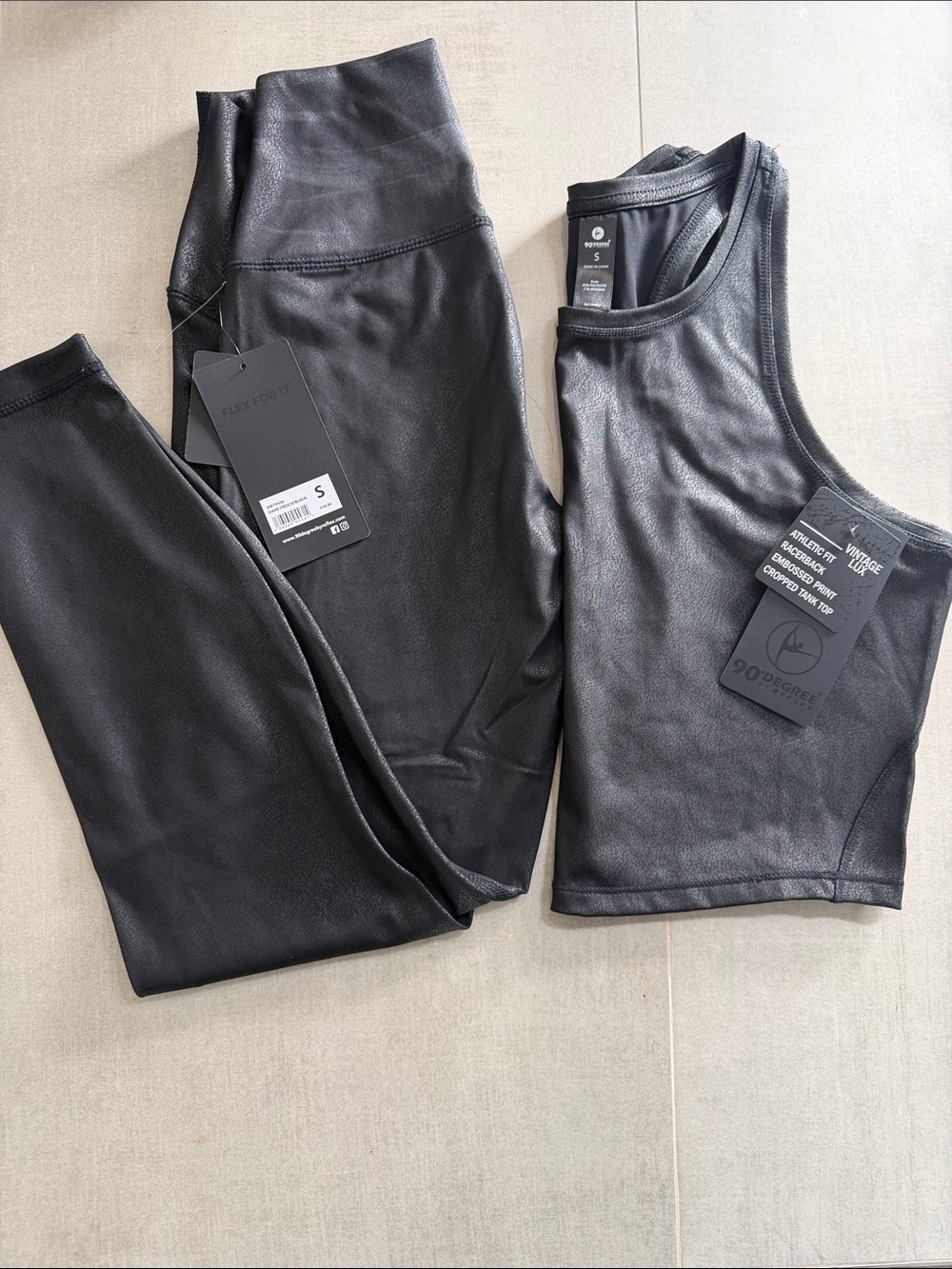 90 Degree By Reflex Black Faux Leather Leggings and Tank Set